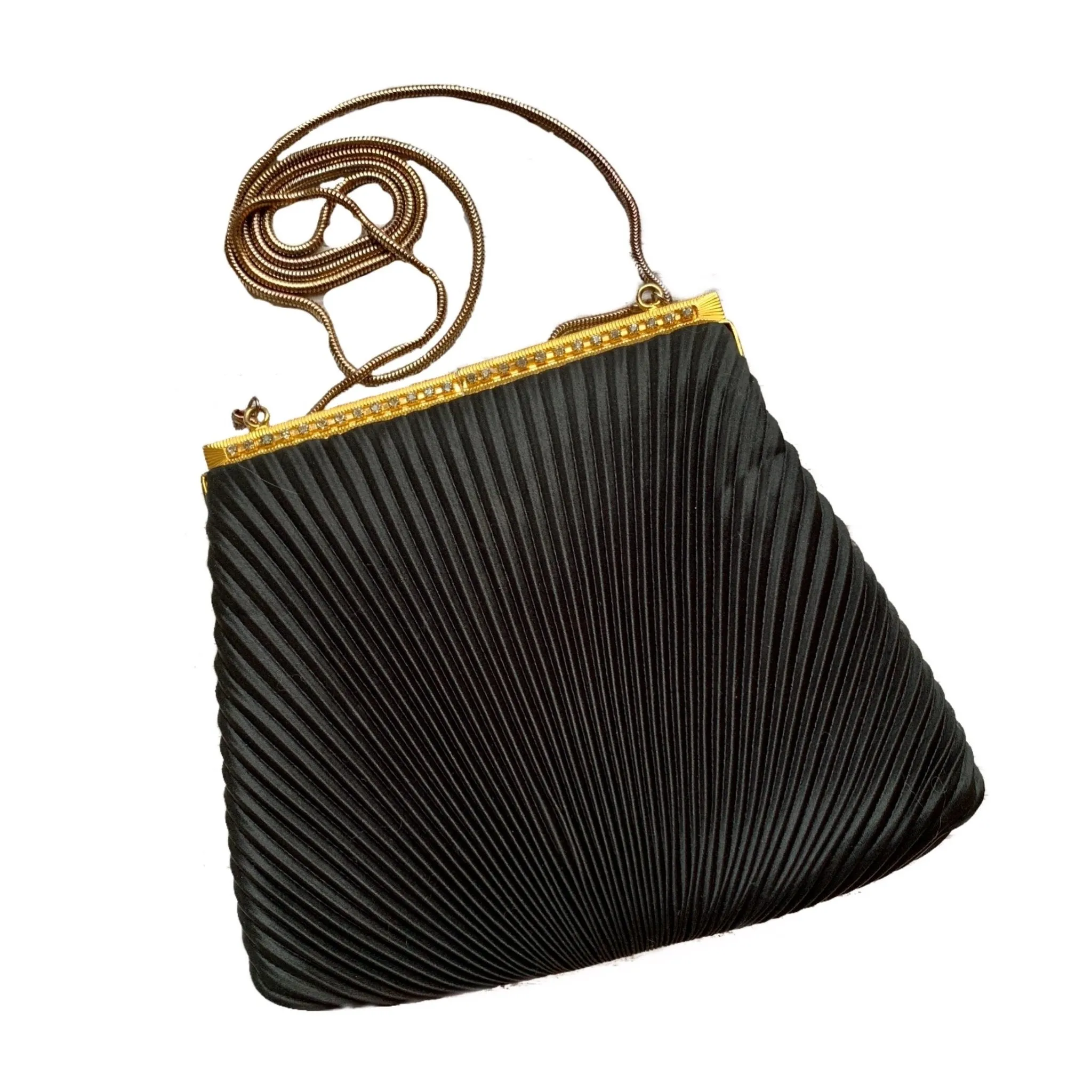 Vintage 1970s Little Black Handbag by La Regale. Black Micro Pleats with Rhinestone Kiss Closure.